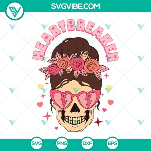 Heartbreaker skull Valentine SVG images featuring a messy bun skull for Valentines Day, perfect for crafts and projects.