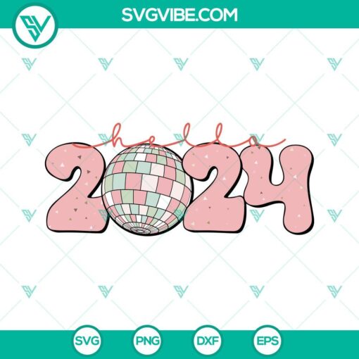 Disco ball 2024 Happy New Year SVG graphic for download, with vibrant color scheme.