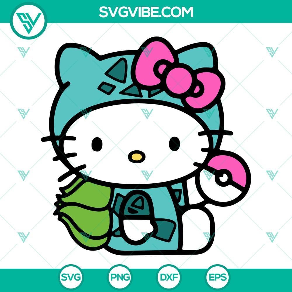 Hello Kitty Bulbasaur SVG, Pokemon SVG PNG DXF EPS Hello Kitty Bulbasaur Pokemon themed SVG files in PNG, DXF, and EPS formats for crafting projects.