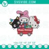 Christmas embroidery file featuring Hello Kitty, Chococat, and My Melody characters. Cute holiday design for crafting projects.
