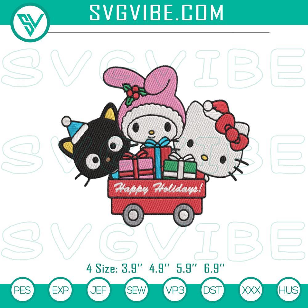 Hello Kitty Chococat My Melody Merry Christmas Embroidery Design Files Christmas embroidery file featuring Hello Kitty, Chococat, and My Melody characters. Cute holiday design for crafting projects.