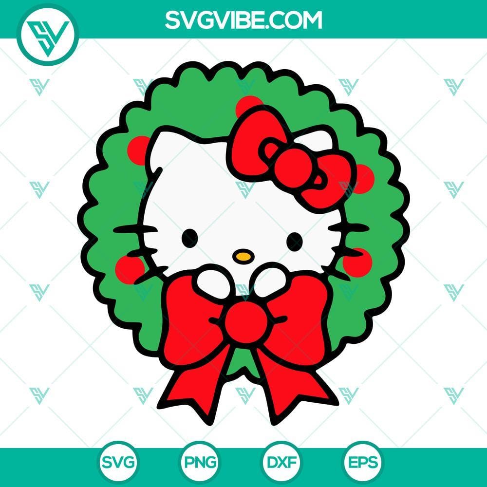 Hello Kitty Christmas Wreath SVG PNG Cricut Files Hello Kitty themed Christmas wreath SVG file for Cricut, featuring festive design elements, ideal for holiday crafting projects.