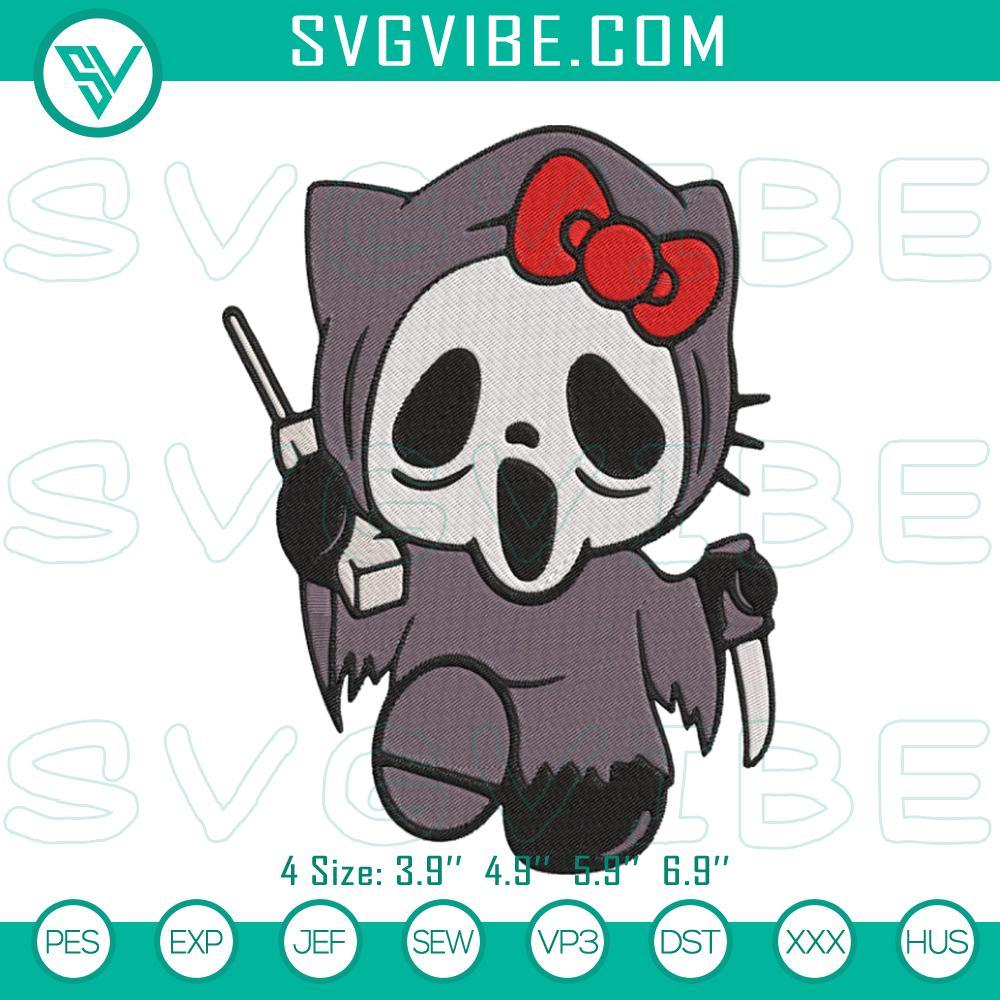Hello Kitty Ghostface Halloween Embroidery Design Files Hello Kitty Ghostface Halloween embroidery design with a horror-themed Sanrio touch in a pes file format for spooky crafting projects.