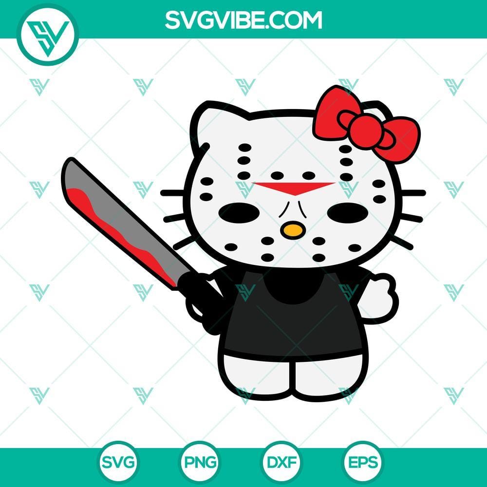 Hello Kitty Jason Voorhees SVG Download Bundle, Hello Kitty Horror Hello Kitty Jason Voorhees SVG Download Bundle featuring cute Hello Kitty character dressed as iconic horror movie villain.