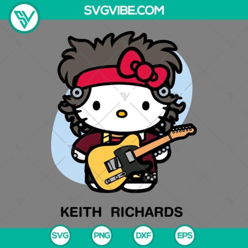 Hello Kitty dressed as Keith Richards from The Rolling Stones in SVG, PNG, EPS, and DXF file formats.