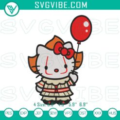 Hello Kitty Pennywise with a Balloon embroidery design - Spooky Halloween file, perfect for Halloween crafting projects.