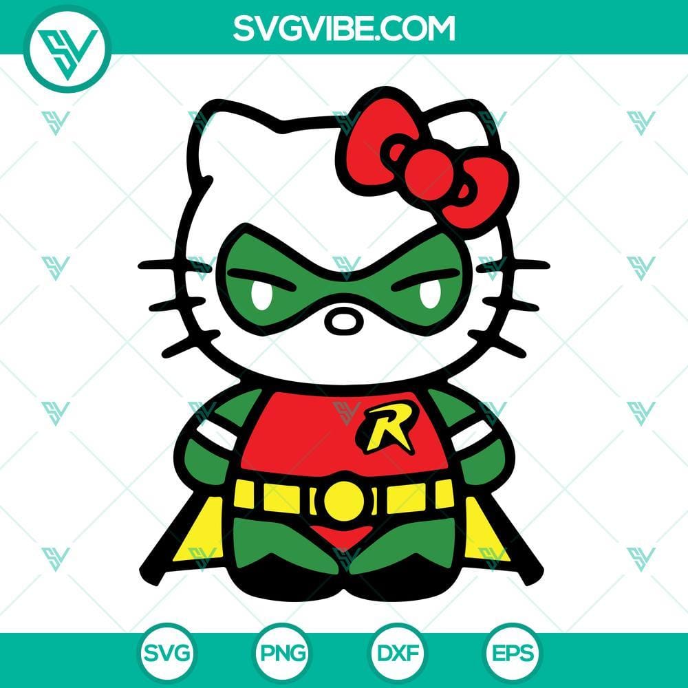 Hello Kitty Robin SVG, Robin DC Comics SVG PNG DXF EPS Hello Kitty x Robin crossover design in SVG format, featuring DC Comics character in PNG, DXF, and EPS versions.