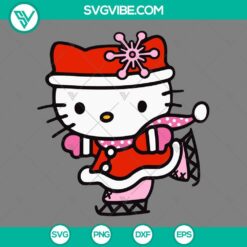 Hello Kitty Santa Claus ice skating digital SVG graphic with festive holiday theme in red, white, and green colors. Great for Christmas designs.