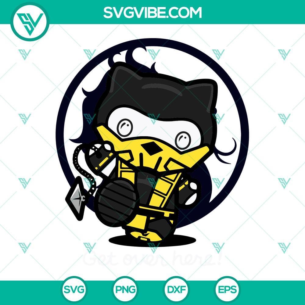 Hello Kitty Scorpion Get Over Here SVG, Kitty Cat Mortal Kombat SVG PNG DXF EPS Hello Kitty themed Scorpion "Get Over Here" SVG images in Mortal Kombat style, featuring Kitty Cat character design.