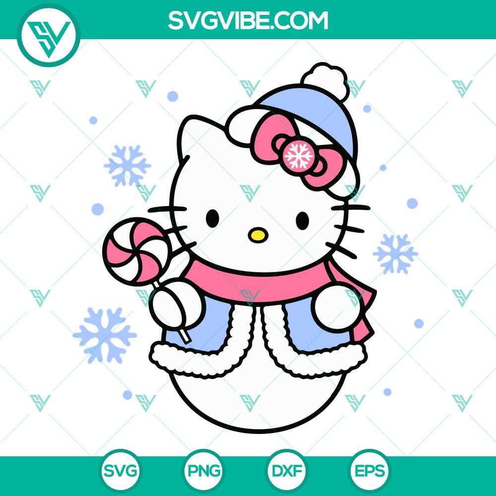 Hello Kitty Snowman SVG, Kawaii Kitty Cat Christmas SVG PNG DXF EPS Files Hello Kitty snowman SVG featuring a cute cat, perfect for Christmas projects. Kawaii design in PNG and DXF formats.
