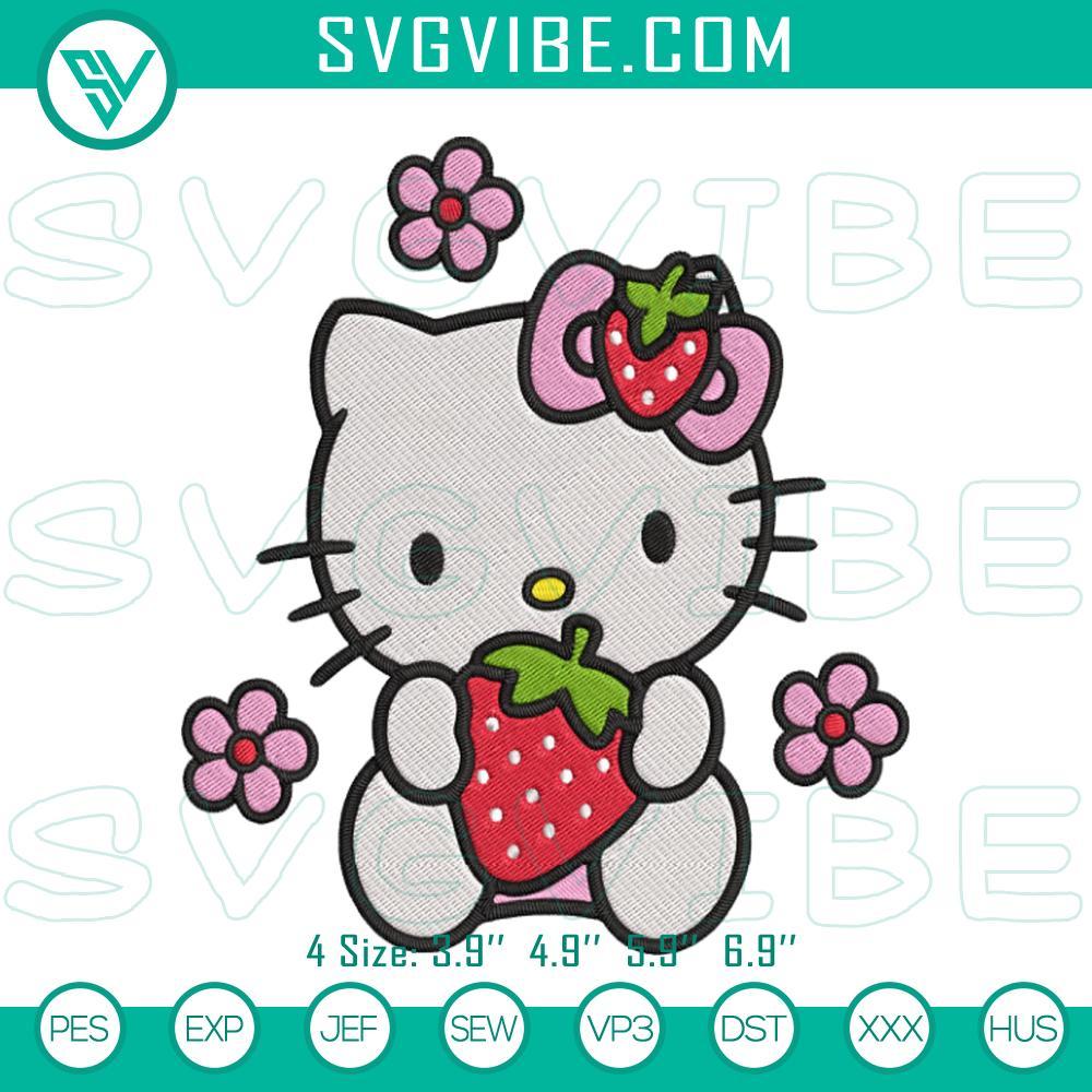 Hello Kitty Strawberry Embroidery Designs, Spring Kitty Cat Embroidery Files Hello Kitty strawberry embroidery design, spring Sanrio-themed stitch file in pink and red colors, perfect for crafts and sewing projects.