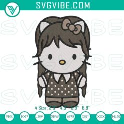 Hello Kitty Wednesday Addams machine embroidery designs, cute Halloween file download, perfect for spooky projects.