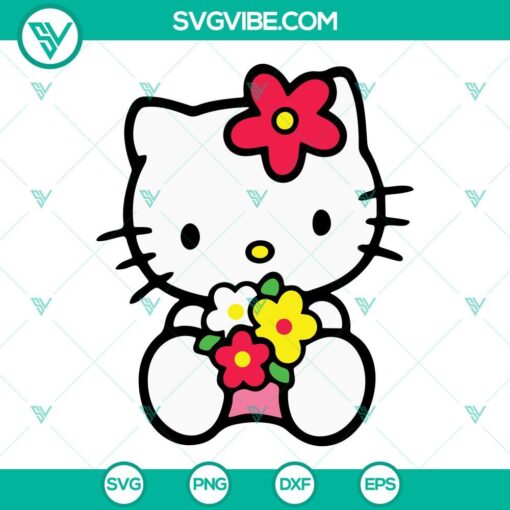Hello Kitty with Flowers SVG file, perfect for spring crafts. Download PNG, DXF, and EPS formats for DIY projects.