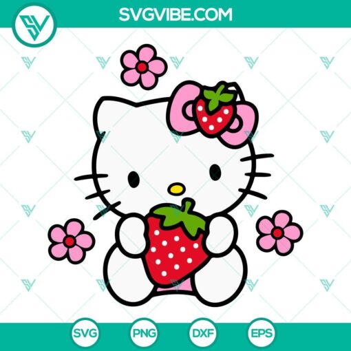 Kawaii Hello Kitty Cat holding a strawberry SVG download. Cute and adorable Hello Kitty SVG images with strawberries.