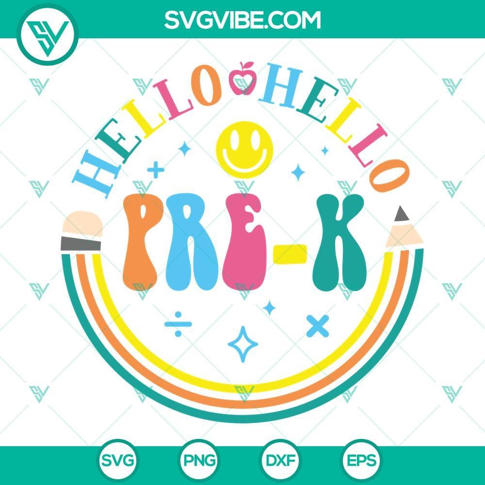 hello-pre-k-svg-back-to-school-svg-first-day-of-school-svg-pre-k-shirt-svg-for-cricut-pre-k-teacher-shirt-svg-5-mockup.jpg Hello Pre-K SVG design with vibrant Back to School and First Day of School elements for crafting.