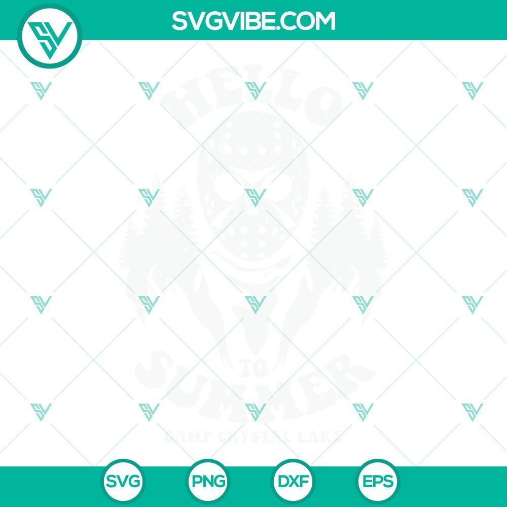 Hello To Summer Jason Voorhees SVG, Camp Crystal Lake SVG PNG DXF EPS Cut Files Jason Voorhees themed summer camp SVG image featuring Camp Crystal Lake in SVG, PNG, and DXF formats. Great for horror fans and Friday the 13th enthusiasts.