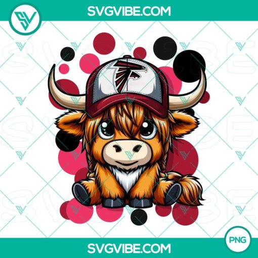 Highland cow wearing Atlanta Falcons football team gear, in a PNG image file, perfect for sports graphics and fan merchandise.