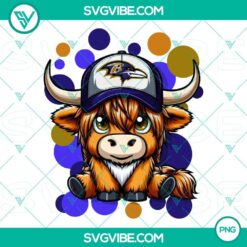 Highland cow wearing Baltimore Ravens football gear PNG download for sports fans and animal lovers.