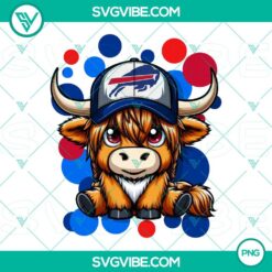 Highland cow wearing Buffalo Bills football uniform, PNG download file for sports fans, animal lovers, and NFL enthusiasts.