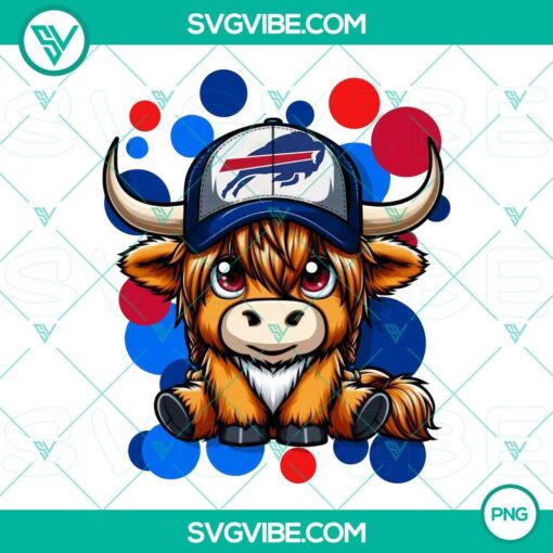 Highland cow wearing Buffalo Bills football uniform, PNG download file for sports fans, animal lovers, and NFL enthusiasts.