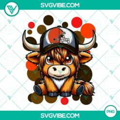 Highland cow in Cleveland Browns football theme, PNG download file for game day fans.