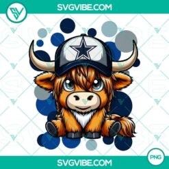 Highland cow wearing Dallas Cowboys football gear, PNG image file for sports fans, animal lovers, and football enthusiasts.