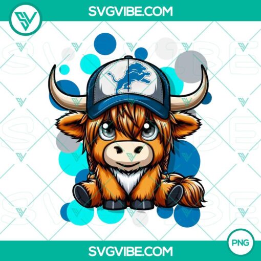 Highland cow wearing Detroit Lions football gear, transparent PNG image for sports fans and animal lovers.