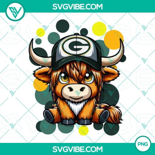 Highland cow wearing Green Bay Packers football gear PNG files, ideal for sports fan merch and digital design projects.