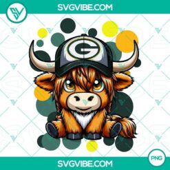 Highland cow wearing Green Bay Packers football attire in PNG format.