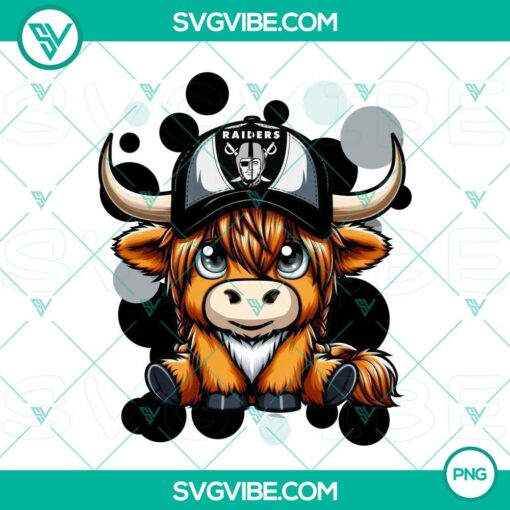 Highland cow wearing Las Vegas Raiders football team gear, PNG image file ideal for sports fans and design projects.