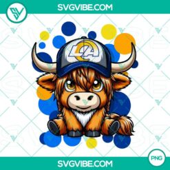 Highland cow dressed in Los Angeles Rams football gear, PNG images file, ideal for sports fans and animal lovers.