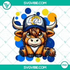 Highland cow wearing Los Angeles Rams football gear, PNG image file perfect for fans and sports design projects.