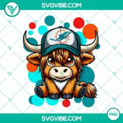 Highland cow wearing Miami Dolphins football gear, PNG download file.