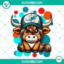 Highland cow wearing Miami Dolphins football helmet, digital PNG image. Perfect for sports fans and animal lovers alike.