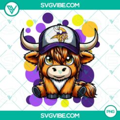 Highland cow wearing Minnesota Vikings football gear, PNG files for sports fans.