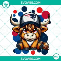 Highland cow wearing New England Patriots football gear, PNG file with transparent background. Perfect for sports fans and football enthusiasts.