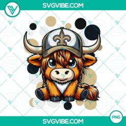 Highland cow wearing New Orleans Saints football gear PNG files for sports fans.