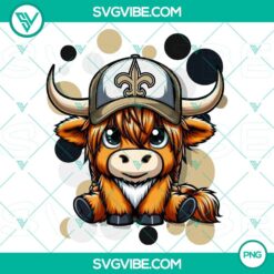 Highland cow wearing New Orleans Saints football gear, transparent PNG images for sports fans and design projects.