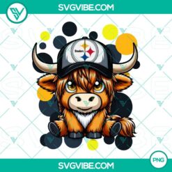 Highland cow wearing Pittsburgh Steelers football gear in PNG file format.