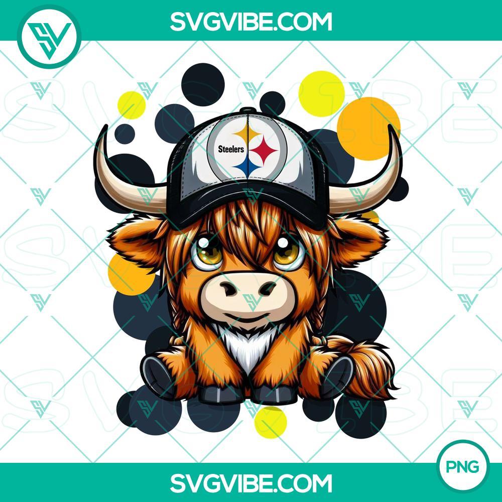 Highland Cow Pittsburgh Steelers Football PNG File File Highland cow wearing Pittsburgh Steelers football gear in PNG file format.