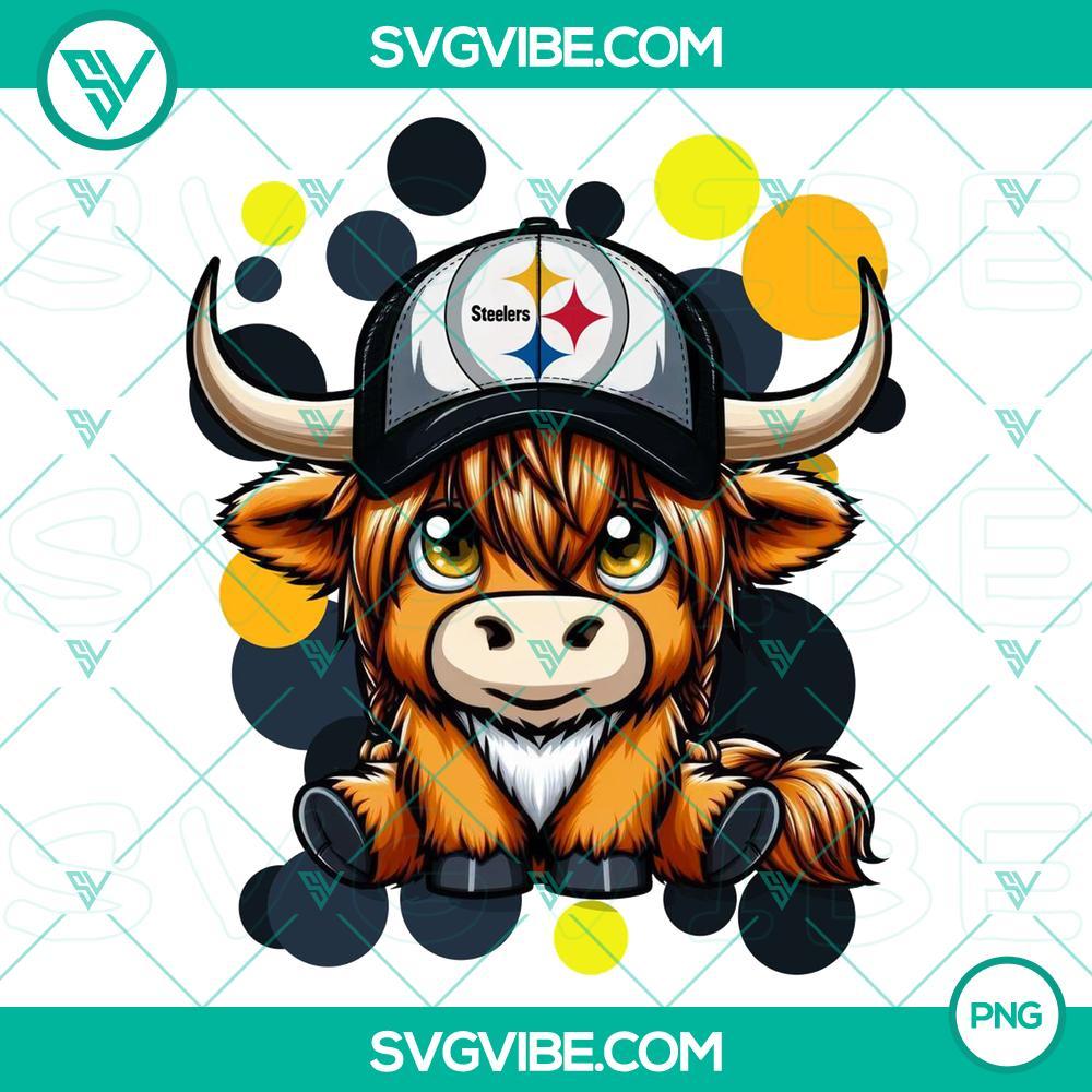 Highland Cow Pittsburgh Steelers Football PNG Images File Highland cow wearing Pittsburgh Steelers football gear in PNG format, perfect for sports and animal fans.
