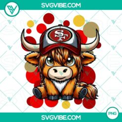 Highland cow wearing San Francisco 49ers football gear, PNG image for sports fans and animal lovers.