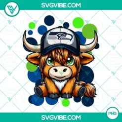 Highland cow wearing Seattle Seahawks football gear in PNG format.