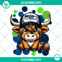 Highland cow wearing Seattle Seahawks football jersey, PNG download file perfect for NFL fans.