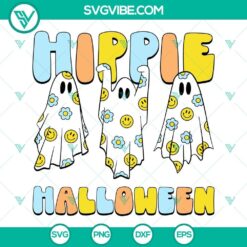 Hippie Halloween SVG file with ghost smiley face and daisy design, groovy vibes for download.