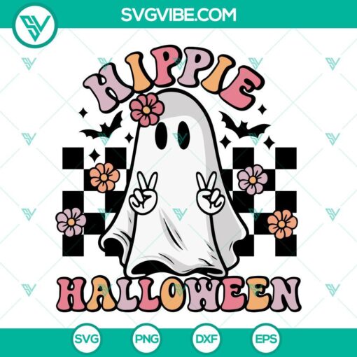 Hippie Halloween SVG files featuring spooky retro ghost flowers design. Cute and cute SVG file for Halloween crafts.