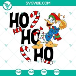 Disney Christmas SVG of Santa Donald Duck in festive red hat and coat, saying Ho Ho Ho. Festive Disney holiday design.