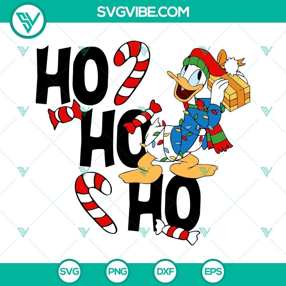 ho-ho-ho-donald-duck-christmas-svg-disney-christmas-donald-santa-hat-svg-ho-ho-ho-svg-2-mockup.jpg Disney Christmas SVG of Santa Donald Duck in festive red hat and coat, saying Ho Ho Ho. Festive Disney holiday design.