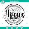 Hocus Pocus Co SVG featuring Sanderson Sisters riding Enchanted Brooms, Halloween inspired design perfect for crafting projects.