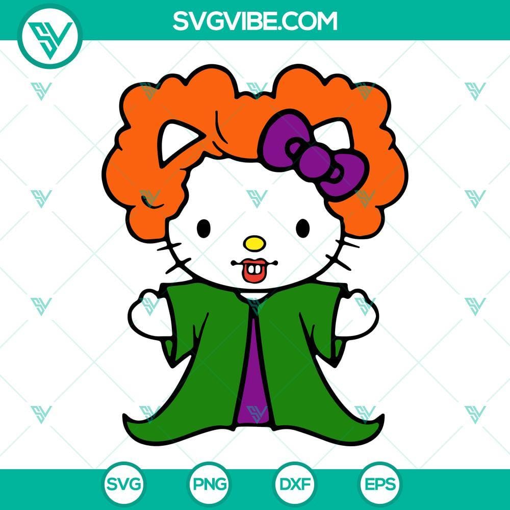 Hocus Pocus Hello Kitty Halloween SVG PNG DXF EPS Cricut Silhouette Clipart Hocus Pocus-themed Hello Kitty Halloween SVG images for Cricut, featuring PNG, DXF, and EPS formats for crafting projects.